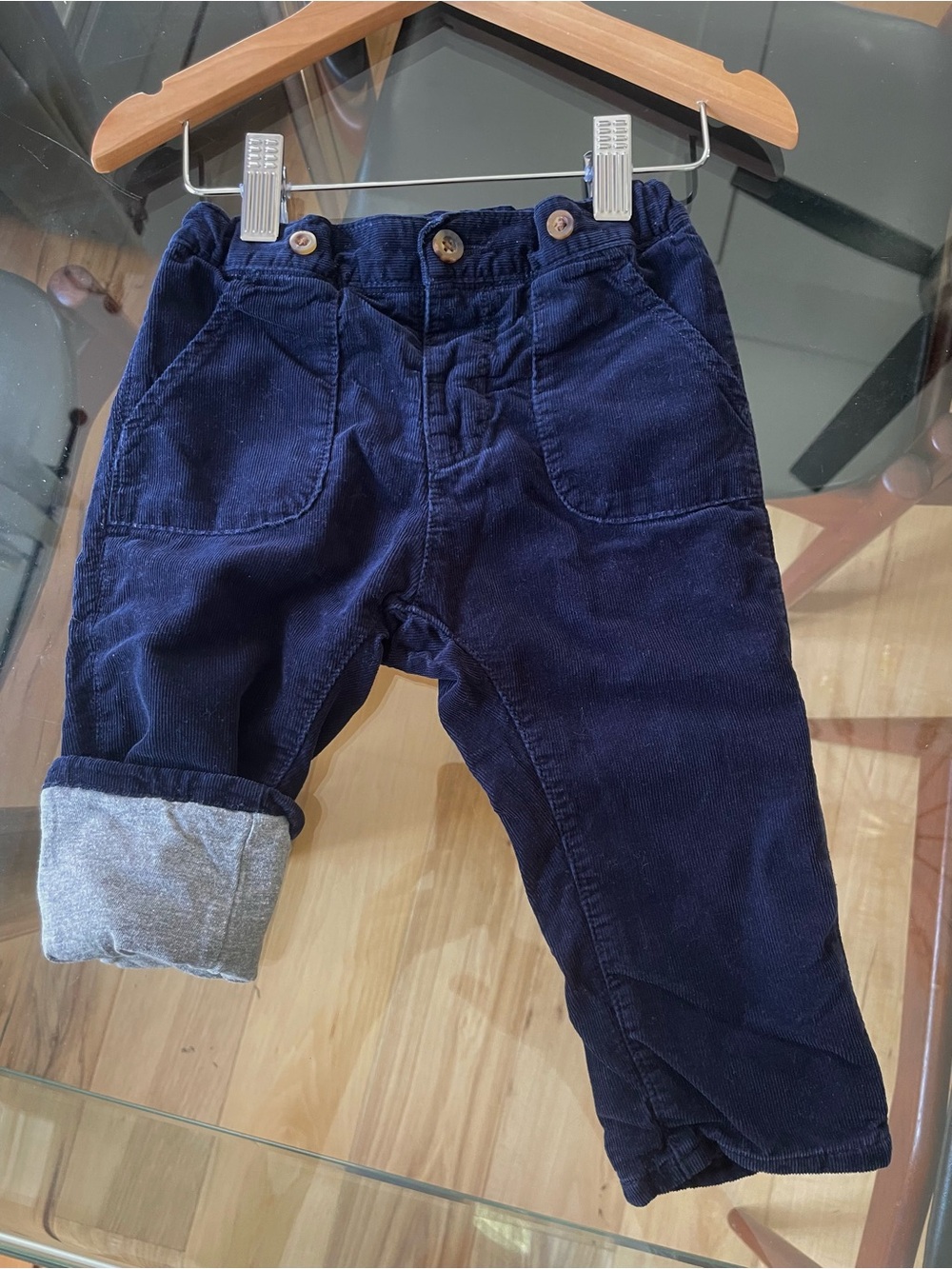 $12 💥Fully Lined Corduroy Pants, Navy Blue with Grey Jersey Lining, Cute Buttons